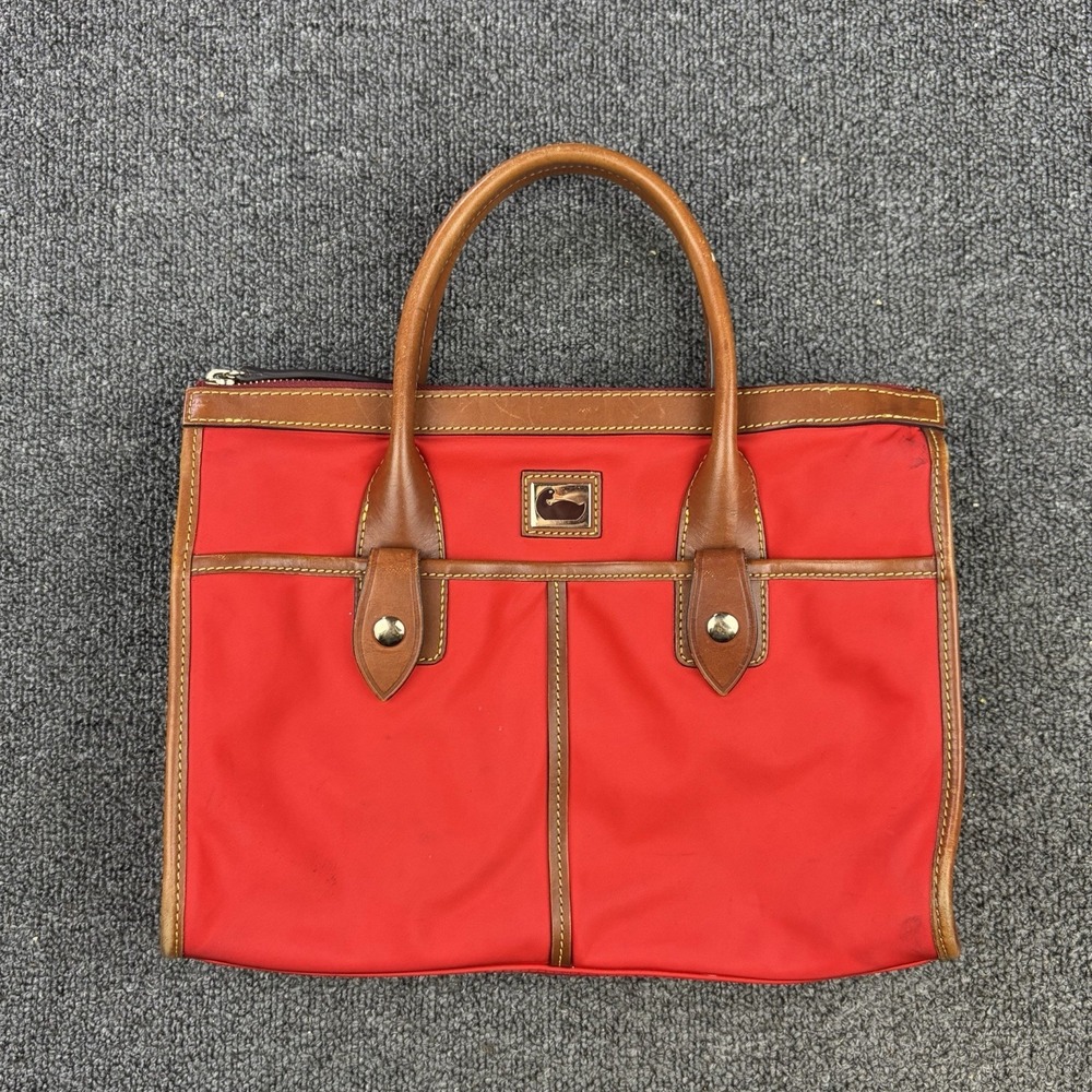 Dooney & Bourke Red Nylon Double Pocket Satchel Tote Brown Leather Trim